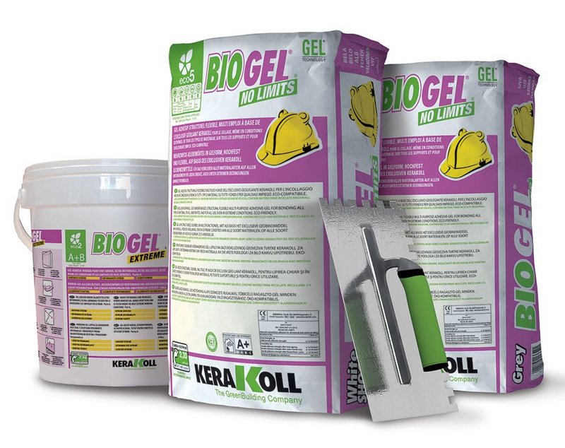 Kerakoll’s Biogel tiling adhesives.