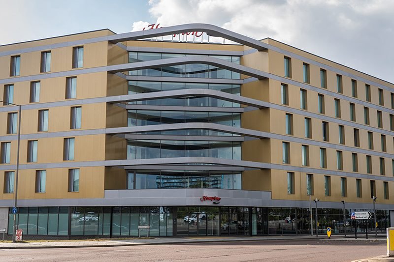 Smooth Matt and Glossy Carea cladding at Hampton Hilton Hotel, Ashford, Kent. Architect Bowman Riley.