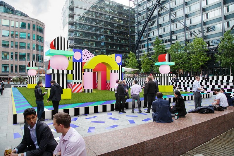 Render of Villa Walala at Broadgate. The vinyl installation’s bright patterns are inspired by the work of the Memphis design collective.