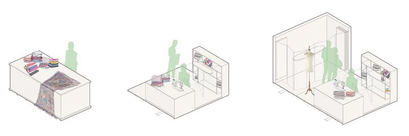 Visualisation of a modular OSB workstation making use of discarded department store fixtures and fittings.