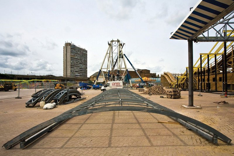 Beyond the site of the big wheel, Margate’s brutalist housing tower looks down over Dreamland.