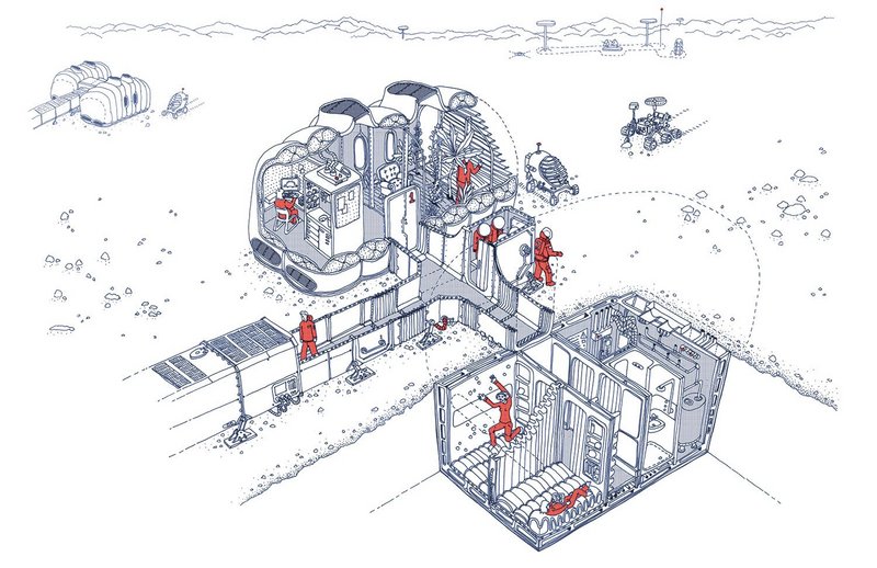 Martian House, the base using repurposed landing craft to support life on Mars.