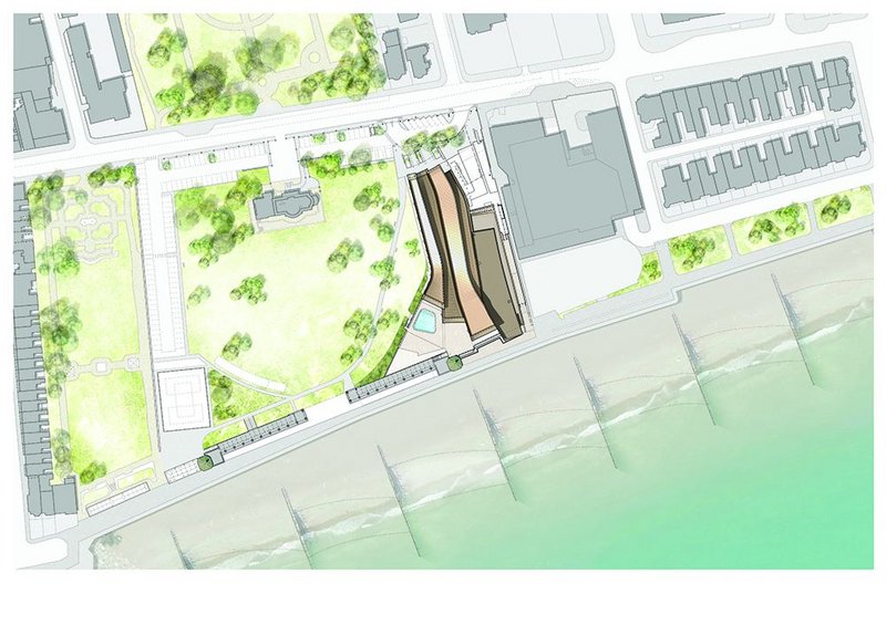 A tighter section alongside the Brighton Road opens up to the beach. The deep plan Aquarena to the east is due to be redeveloped.
