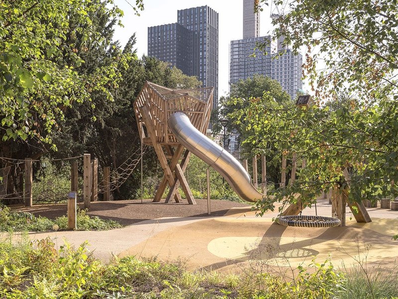 The playground in Queen's Gardens, Croydon, south London: Playequip's central structure is a slide designed to mimic the form of the crocus, after which the town is named.