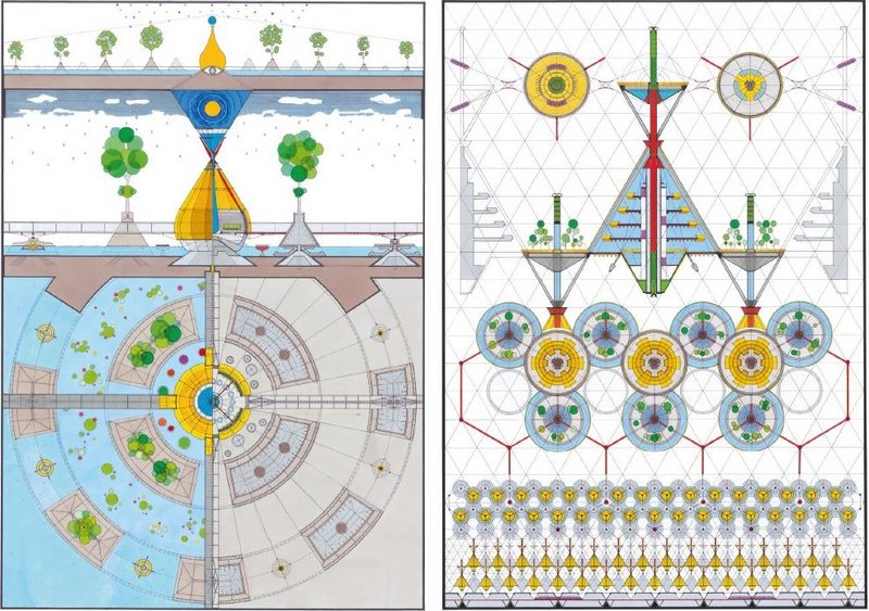 Left: Concept Summary Drawing: Man-made Wave Sanctuary Pavilion. Right: Concept Summary Drawing: Part No.2: Tipi, Future Vision - Sky City. Both 841 x 595mm (A1) Part 1 Hand drawn ink line on drafting film; Part 2 Promarker Pens/Adhesive Coloured Films.
