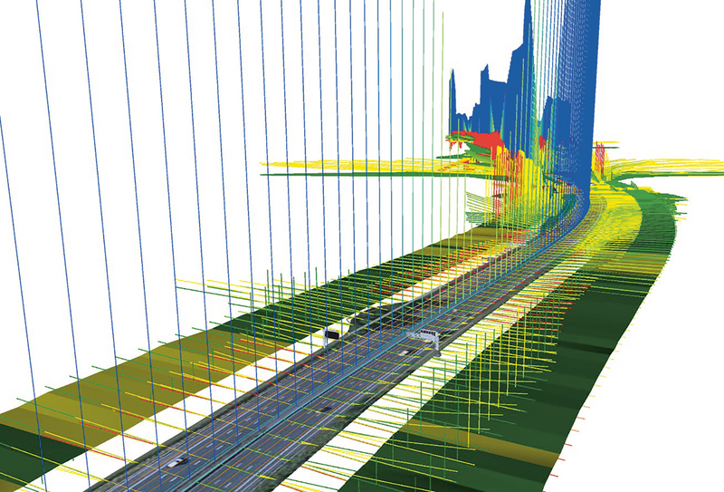 A revolution in speed and accuracy for Highways England: The Rapid Engineering Model automatically generates BIM models. In this visualisation a section of motorway is overlaid with data analysis results showing gradient, curvature, verge width, side grading, visibility.