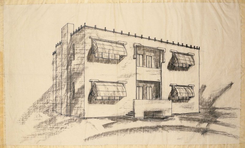 Sketch of the garden front of New Ways for the toy-making Bassett-Lowke family by Peter Behrens.