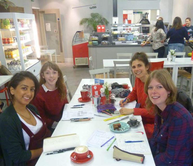 Office meeting at the Crisis Cafe Oxford. From left Jaina Valji, Katie Reilly, Julia Phillips, Clare Nash, all employees at Clare Nash Architects.