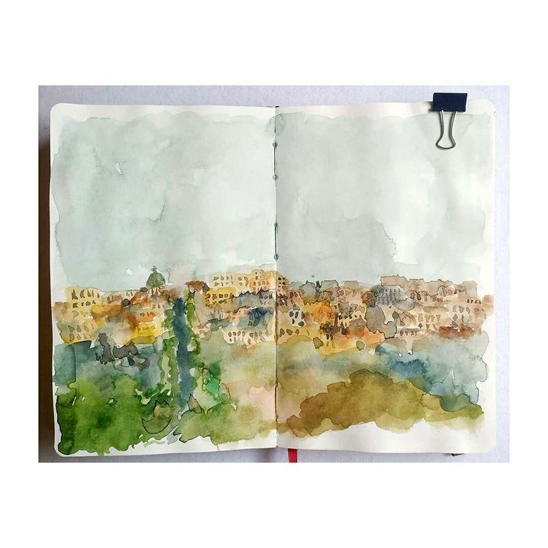 The town of Bergamo striving down the hills.  Watercolour on paper, 210mm × 260mm.