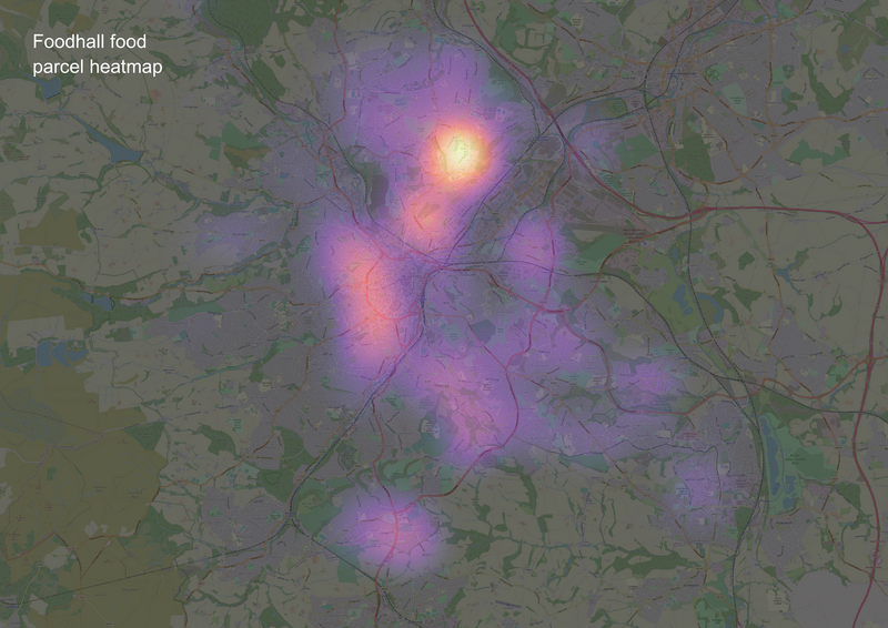 Heat map of food parcel deliveries in Sheffield by the Foodhall team Maps drawn by Jake Sutcliffe from the Foodhall team, with data gathered from Jonny Davey and Ed Crisp.