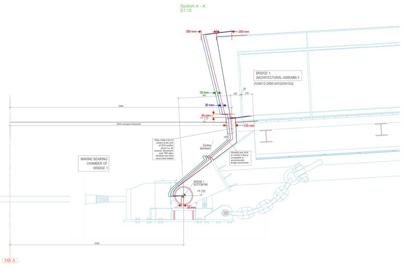 Section detail showing the pivoting bridge structure on the dock side.