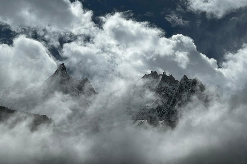 The classic towers of Chamonix - Aiguille Verte and Le Dru as seen from the Cosmique Arête.