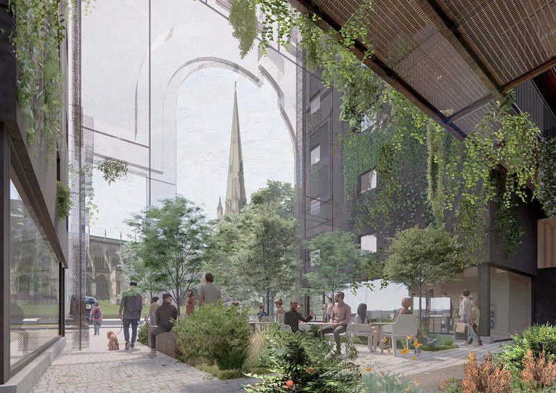 View of the biodiverse Redcliffe Way Courtyard looking towards St Mary Redcliffe church,