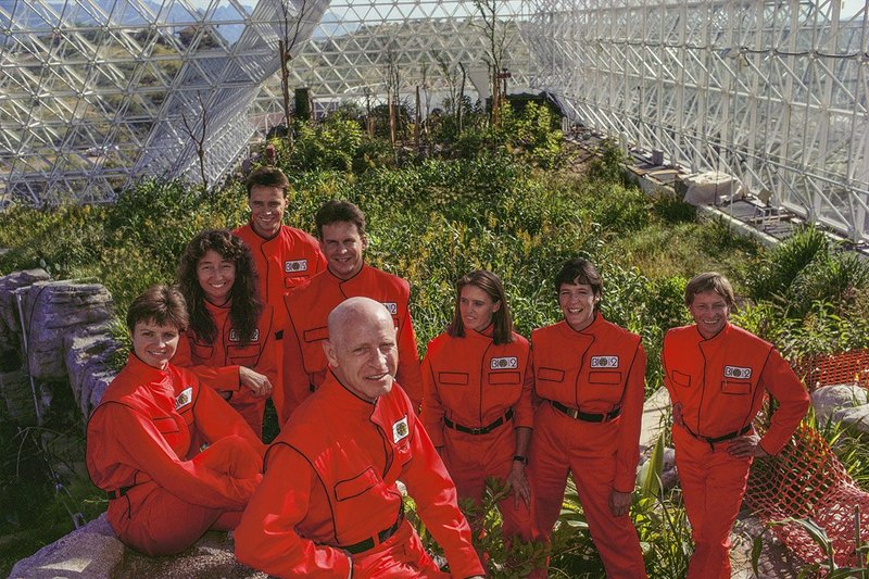 Promotional shot of the eight Biospherians inside Biosphere 2 before they began their two year habitation in 1991. Courtesy of NEON
