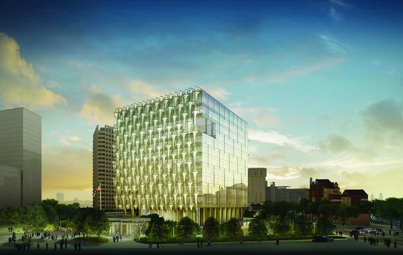 The east elevation of the embassy with its ground level public entrance pavilion and high performance ETFE secondary facade.