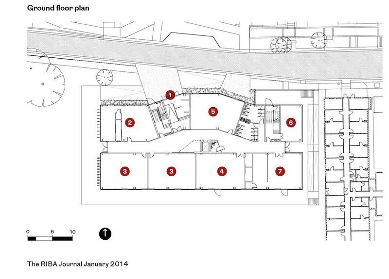 Key to ground floor plan:   1 - Entrance,  2 - Fashion studio,  3 - Dance studio,  4 - Theatre workshop,  5 - Dye workshop,  6 - Plant room,  7 - 3D workshop