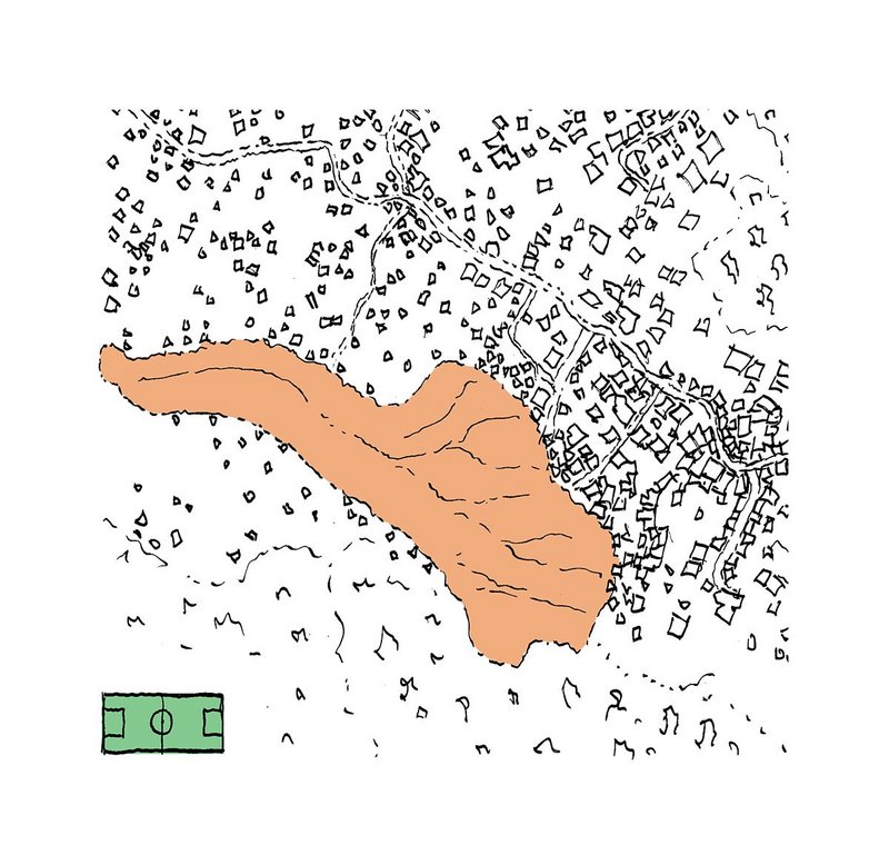 Sketch plan of the valley mud flow which covers an area of 11 football pitches in Freetown, Sierra-Leone.