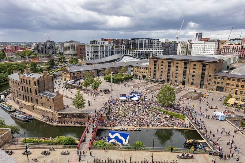 Looking north over the Canal to Granary Square and Central St Martins art school (right) and Coal Drops Yard (left)