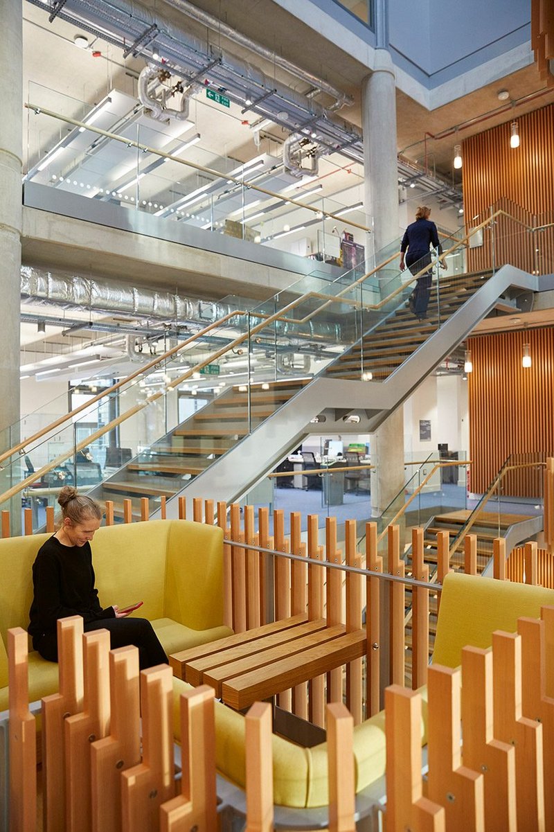 The building’s central atrium is an open forum for impromptu interaction.