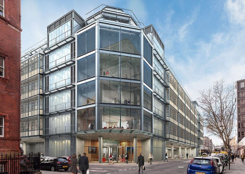 Main entrance of UCLH proton beam therapy centre in London, by Scott Tallon Walker in association with Edward Williams Architects.