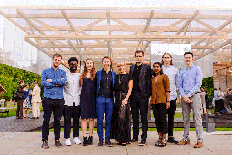 The IF_DO team in front of the pavilion for the Dulwich Picture Gallery, with partners Thomas Bryans, Sarah Castle and Al Scott at the centre.