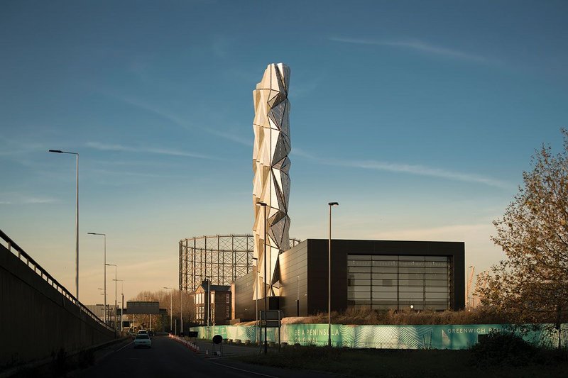 The flue tower of the Greenwich Peninsula Energy Centre has been utilised for The Optic Clock, an artwork by Conrad Shawcross.