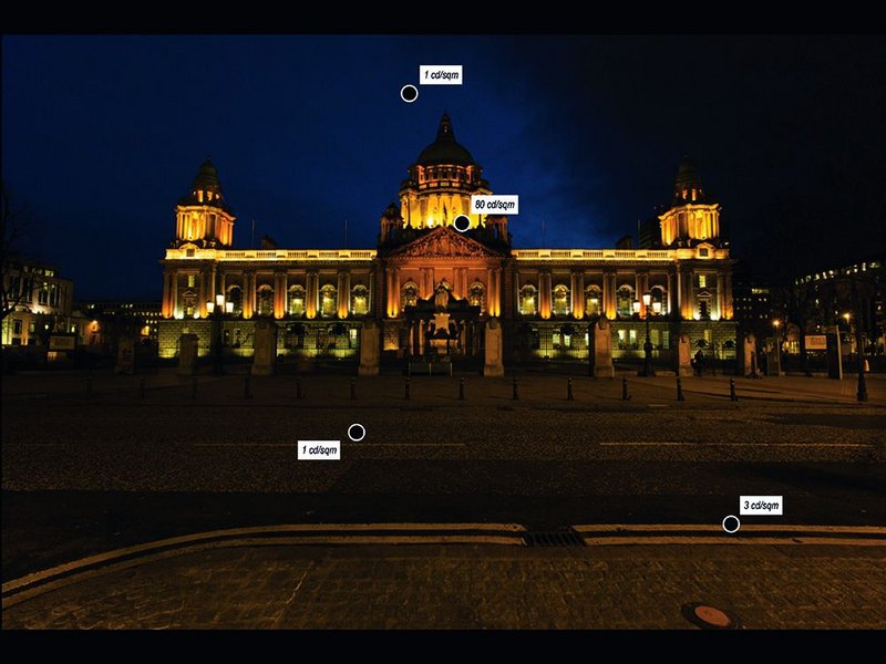 Belfast City Hall as currently illuminated. The frieze is invisible, the balustrade over-lit and the grand copper cupola is lost in darkness. The luminaire meter guns employed can give ‘point’ values