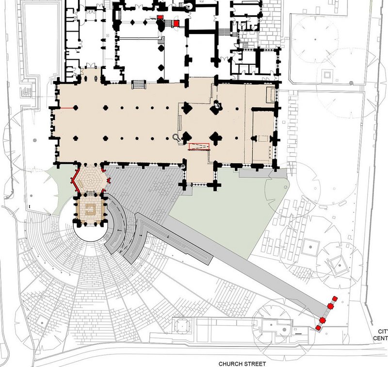 Floor plan showing new entrance and extent of interior works – new work is shown in red.