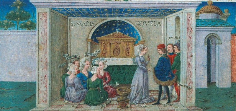 The narrators of the Decameron. Bodleian Library, MS Holkham misc 49f 5r detail. Unknown illustrator c1467.