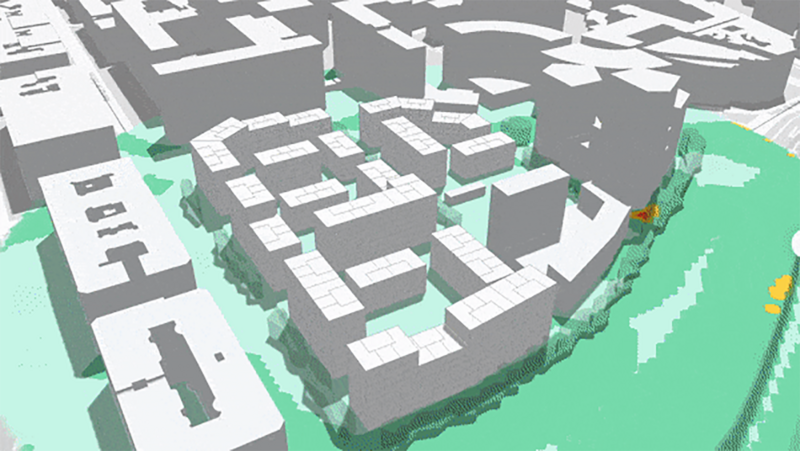 Spacemaker analysis of wind, noise, sunlight, daylight, and outdoor area.