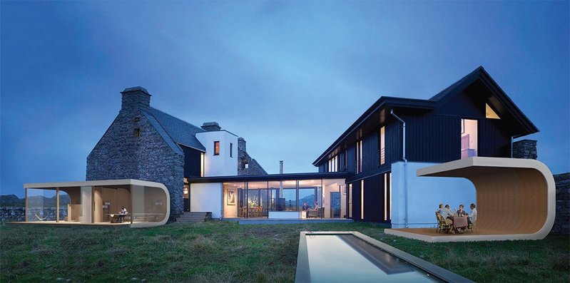 Multiple configurations of the pavilions standing alongside an existing building.