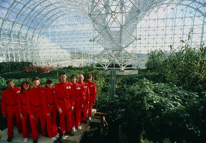 Promotional shot of the eight Biospherians inside Biosphere 2 before they began their two year habitation in 1991. Courtesy of NEON