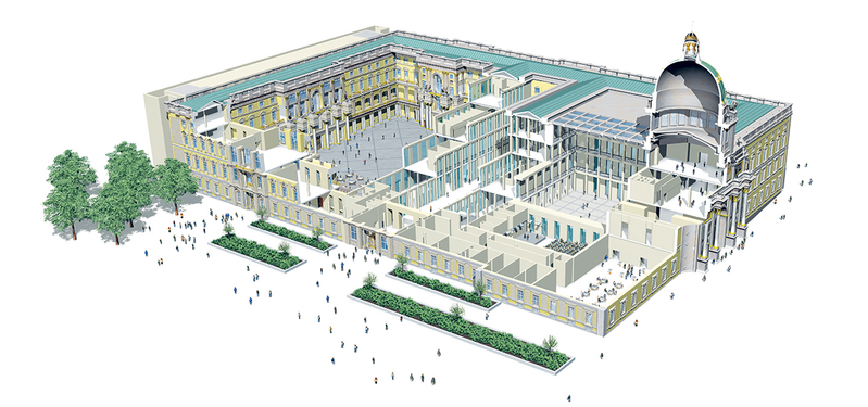 Inside the new palace contains a series of semi-public courtyards and open spaces, inspired by Italian piazzas.