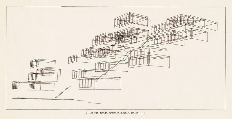 Low perspective view of unexecuted new town Isola Dino in Italy, Boyd Auger, 1968. Credit: RIBA Collections