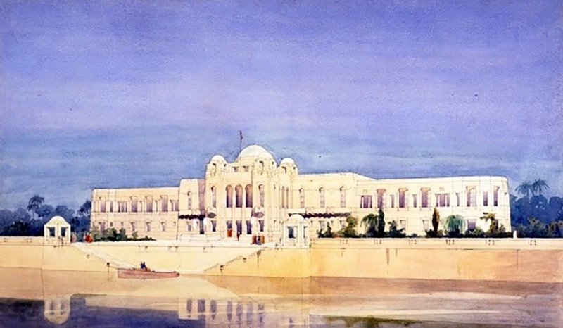 Design for a Palace on the Tigris for King Faisal of Iraq. Perspective drawing rendered in watercolour by JMW. Dated 1926. Exhibited Royal Academy 1928.