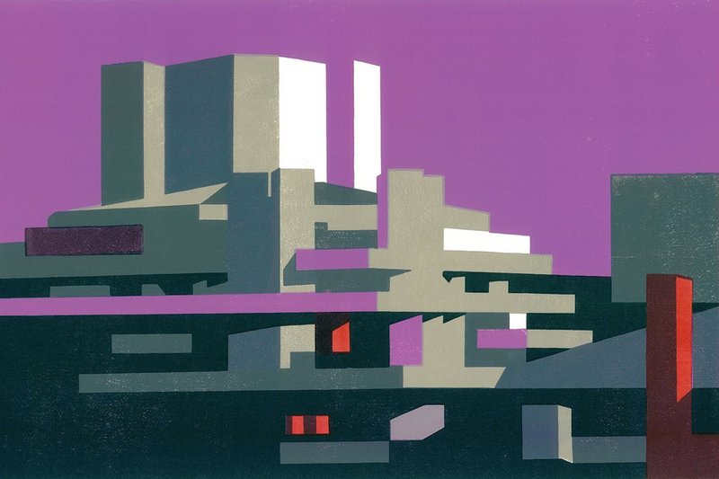National Magenta, a linocut by Paul Catherall. The illustrator was drawn to the concrete of the National Theatre and the rest of the South Bank when he moved to London.