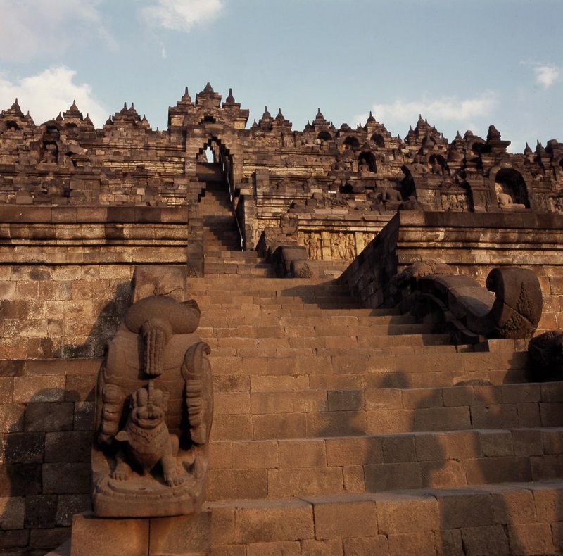 The great temple of Borobudur, in Central Java, Indonesia, is subject to constant conservation efforts to keep it open to tourists and pilgrims while protecting the building and sculpture from damage.