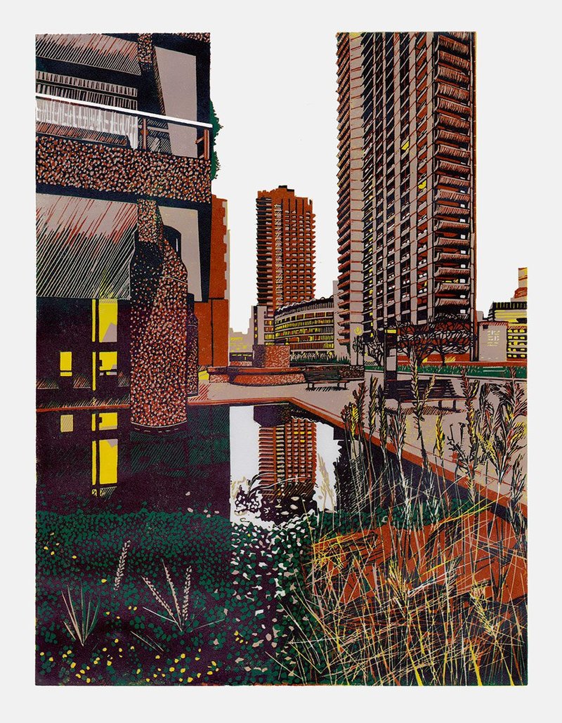 Barbican,  Winter Light.  Reduction linocut,  410 × 310mm.