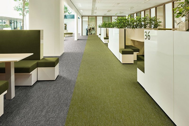 Forbo's Flotex Colour Canyon flocked flooring in Limestone and Kelp. Flotex combines the appeal of a textile flooring with the practical, hygienic advantages of resilient vinyl.