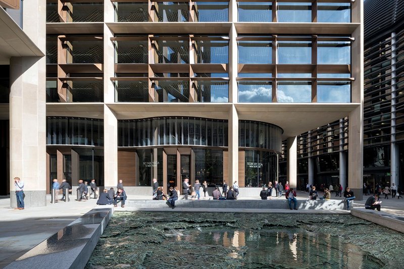 Bloomberg has commissioned world famous artists to develop integrated and applied art for the building. Here is one part of Christina Inglesias’ Forgotten Streams, a piece that evokes the lost Walbrook River, on one of the new public squares.