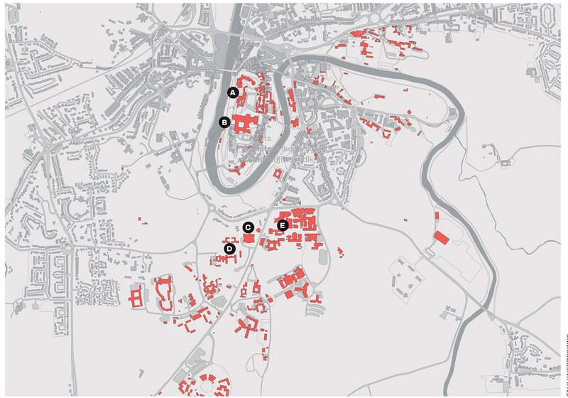 A - castle; B - cathedral; C - new Teaching and Learning Centre; D - St. Marys College E - main Mountjoy campus. All other university buildings in red.