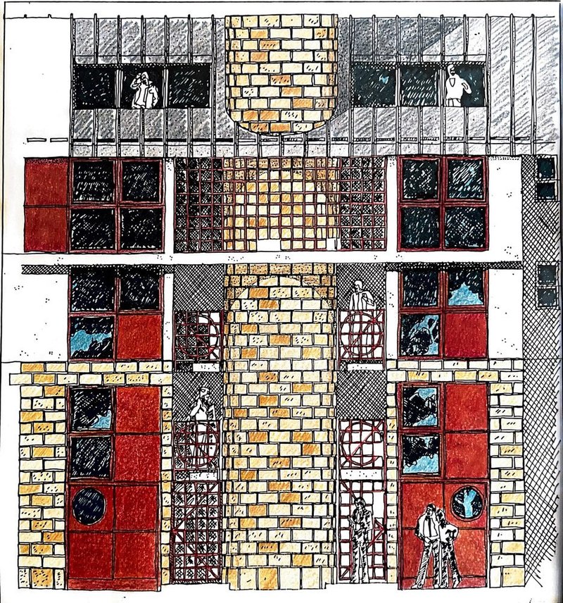 Sketch of Holyoake House, Surrey Quays, by Richard Soundy.