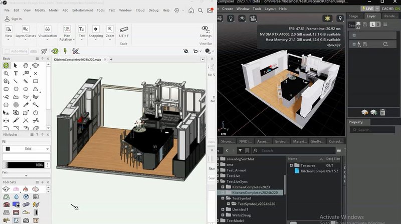 The Omniverse Connector tool, introduced to Vectorworks in 2023, allows users to publish a 3D model to the NVIDIA Omniverse Nucleus server to be opened, viewed and modified by other Omniverse users.