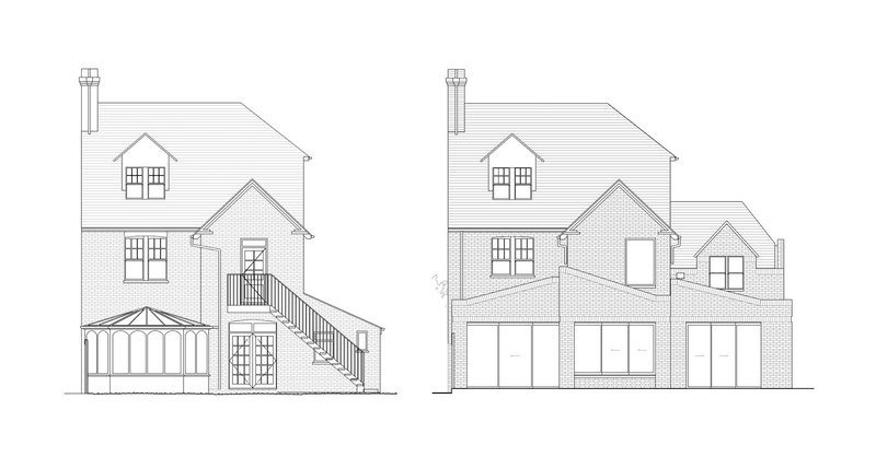 Rear elevation, before and after.