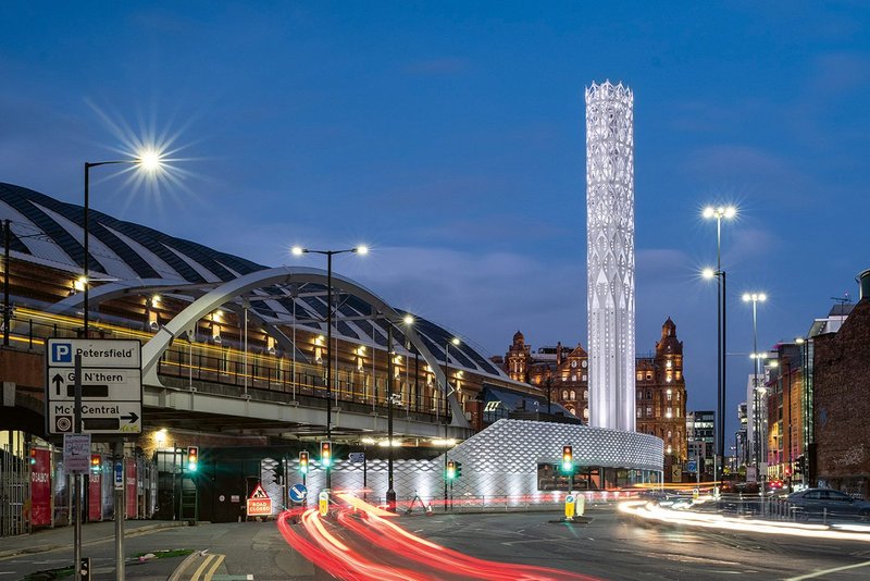Tonkin Liu’s low-carbon Tower of Light and Wall of Energy in central Manchester took inspiration from the city’s industrial past.