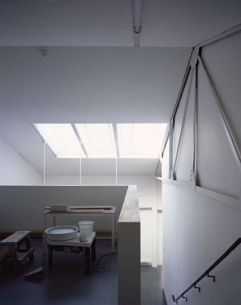 De Waal’s pottery space, hidden in the mezzanine above the glazing area.