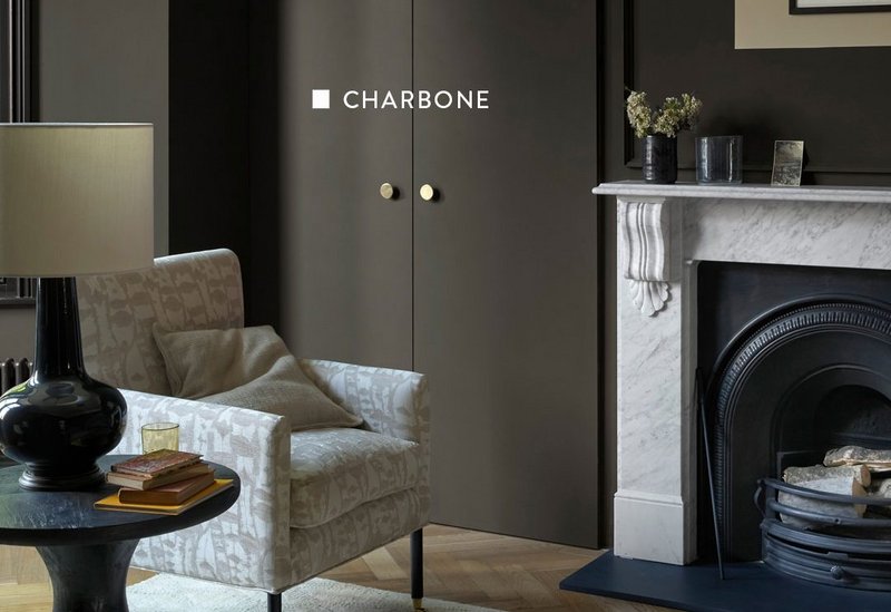 Charbone paint shade from the Monochrome collection originates in the ochre tones of Thames Mud from the Originals collection, both Paint & Paper Library.