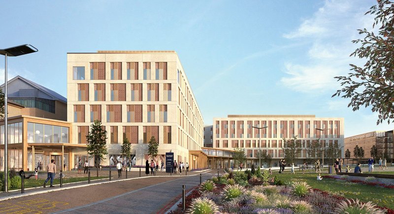 Visualisation of North Manchester General Hospital, part of a 27ha ‘health neighbourhood’ by Greater Manchester authorities and NHS England.