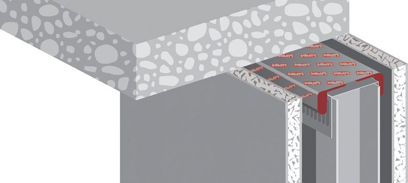 Detail showing how Hilti’s CFS-TTS E top track seal is sandwiched between the slab  soffit and the dry lining’s aluminium deflection head. Credit: Hilti