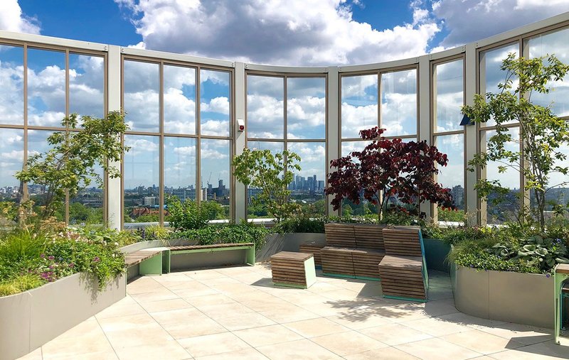 Vestre's sustainable Vroom and Code seating on one of the seven Pears Maudsley Centre terraces.